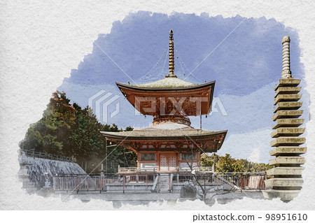 Watercolor-style Myo-in Temple Tahoto Pagoda, Asakuchi City, Okayama Prefecture Watercolor-style Myo-in Temple Tahoto Pagoda, Asakuchi City, Okayama Prefecture 98951610