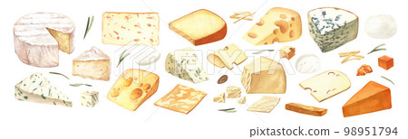 Watercolor different kinds cheeses with cutted pieces, milk dairy product. Delicious food hand-drawn illustration isolated on white background. Perfect for menu, recipe, label, packaging design 98951794