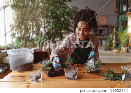 Happy smiling woman florist making succulent plant composition at floral design studio Happy smiling woman florist making succulent plant composition at floral design studio 98952354