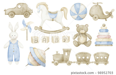 Baby Toys watercolor set with rocking Horse, teddy bear and bunny. Hand drawn illustration of car and train for child party greeting cards or invitations on isolated background in pastel colors. Baby Toys watercolor set with rocking Horse, teddy bear and bunny. Hand drawn illustration of car and train for child party greeting cards or invitations on isolated background in pastel colors. 98952703