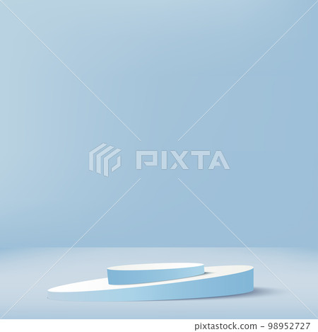 3d blue color podium and minimal blue color wall scene. 3d podium minimal abstract background. Pastel color abstract room design. Vector 98952727