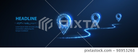Pins. Abstract three pin icons with line isolated on blue. Transportation delivery, map location, transport logistic, tourism navigate, concept. 98953268