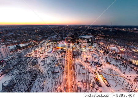 Aerial winter pano of Gorky Central Park in sunset 98953407