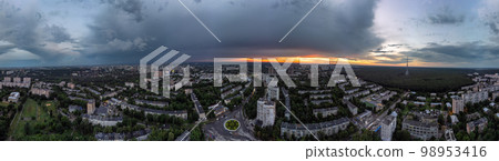 Wide aerial sunset pano, city residential district Wide aerial sunset pano, city residential district 98953416