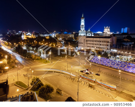 Kharkiv city streets aerial, night lights driveway Kharkiv city streets aerial, night lights driveway 98953466