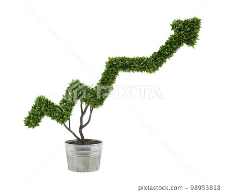 Plant in a pot cut in the shape of an arrow. concept of success and improvements. 3d render 98953818