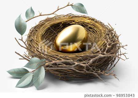 Beautiful shiny golden egg in bird nest on white background. The golden egg in the nest 98953843