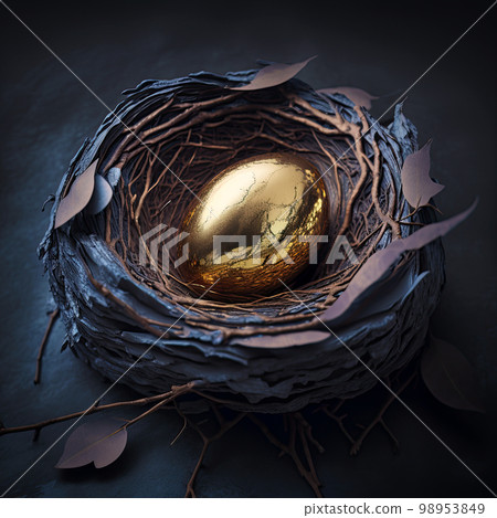 Beautiful shiny golden egg in bird nest on dark shale background. The golden egg in the nest 98953849