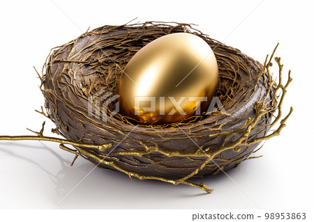 Beautiful shiny golden egg in bird nest on white background. The golden egg in the nest 98953863