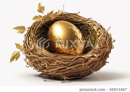 Beautiful shiny golden egg in bird nest on white background. The golden egg in the nest Beautiful shiny golden egg in bird nest on white background. The golden egg in the nest 98953867