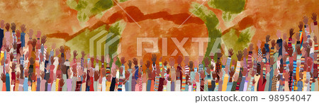 Many black skin African American men women children seniors group raised hands on colored background copy space. Black history month concept banner poster. Racial equality.Mixed age range Many black skin African American men women children seniors group raised hands on colored background copy space. Black history month concept banner poster. Racial equality.Mixed age range 98954047