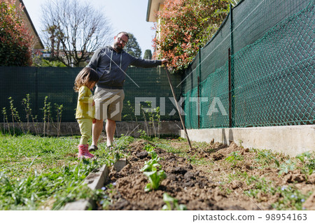 father and child dig beds for seedlings in their garden father and child dig beds for seedlings in their garden 98954163