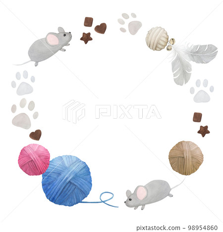 Watercolor illustration of round frame, wreath with pet supplies. Isolated on white background. Cats' toys Watercolor illustration of round frame, wreath with pet supplies. Isolated on white background. Cats' toys 98954860