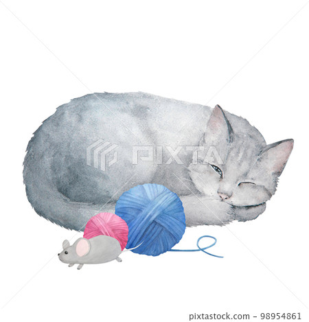 Watercolor illustration of cute sleeping gray cat with clews and mouse isolated on white background. Watercolor illustration of cute sleeping gray cat with clews and mouse isolated on white background. 98954861