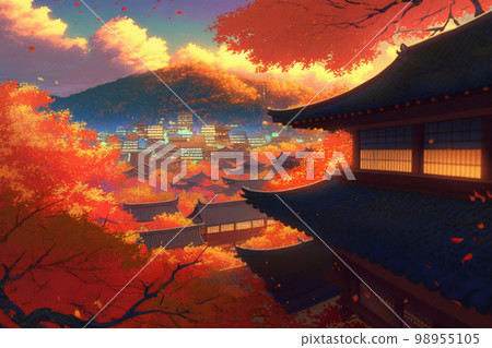 秋天秋天的落葉日本京都神社自然景觀插畫觀光景點 98955105