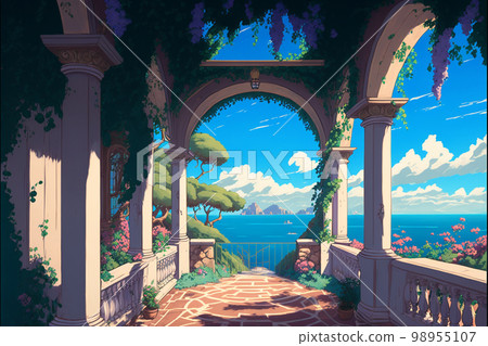 花園花卉植物裝飾廢墟地中海藍天宮殿 98955107