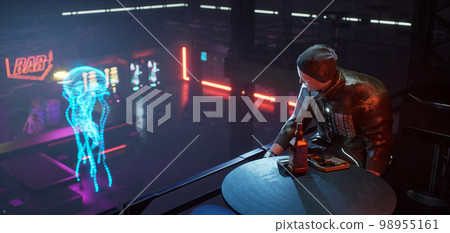 Cyberpunk human look at octopus hologram in nightclub, 3d render 98955161