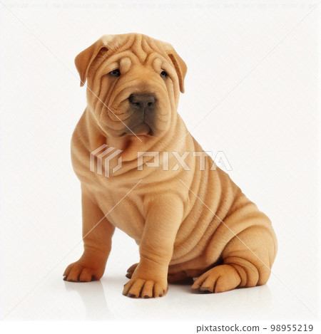 Shar pei of yellow cream color isolated on white close up. Lovely cute dog of unusual appearance Shar pei of yellow cream color isolated on white close up. Lovely cute dog of unusual appearance 98955219
