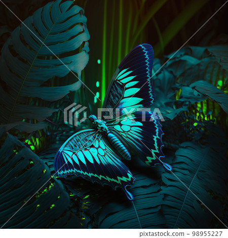 Teal blue neon butterfly on tropical leaves and flowers on dark flloral background. 98955227