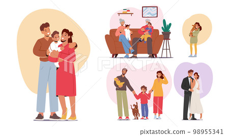 Set of Happy Family, Parents Characters Holding Baby on Hands, Smiling Children and Grandparents, Newlyweds 98955341