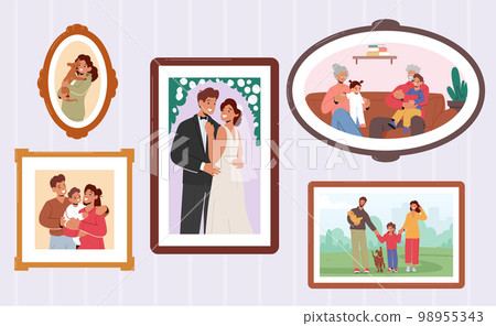 Set Of Happy Family Photos In Frames, Parents Holding Baby On Hands, Smiling Children And Grandparents, Newlyweds Set Of Happy Family Photos In Frames, Parents Holding Baby On Hands, Smiling Children And Grandparents, Newlyweds 98955343