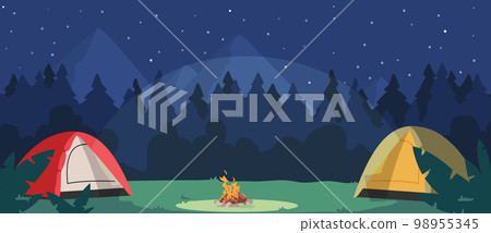 Night Camping With Tents And Campfire. Tourist Place In Dark Forest. Cozy Traveler Halt On Nature Landscape With Trees Night Camping With Tents And Campfire. Tourist Place In Dark Forest. Cozy Traveler Halt On Nature Landscape With Trees 98955345