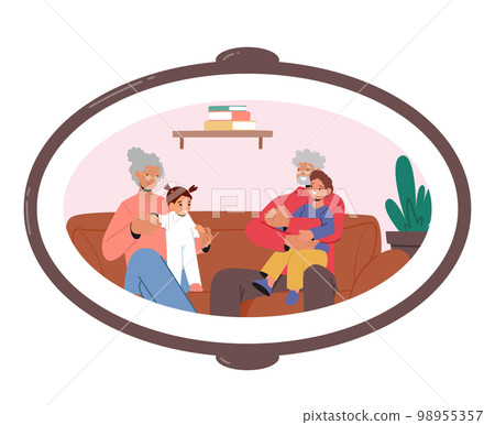 Family Photo In Frame With Happy Grandparents And Children Characters Spend Time Together At Home Vector Illustration 98955357