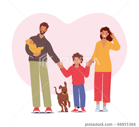 Young Family Characters Children, Parents And Pet Enjoying Outdoor Walk, Bonding And Spending Time Together 98955368