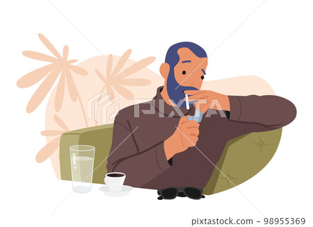 Man Smoking Cigarette, Inhaling Smoke Leisurely With Confident, Content Expression On Face. Male Character Illustration 98955369