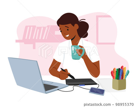 Young Female Character Graphic Designer Seated At Desk Using Computer Making Sketch On Tablet At Workplace Young Female Character Graphic Designer Seated At Desk Using Computer Making Sketch On Tablet At Workplace 98955370