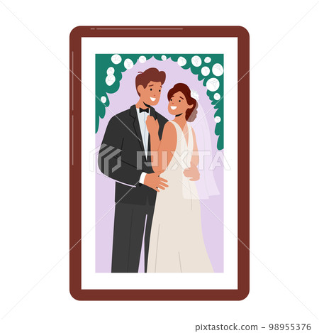 Photo In Frame With Young Groom And Bride Stand Together, Smiling, Embrace. Romantic Setting, Flowers, Greenery 98955376