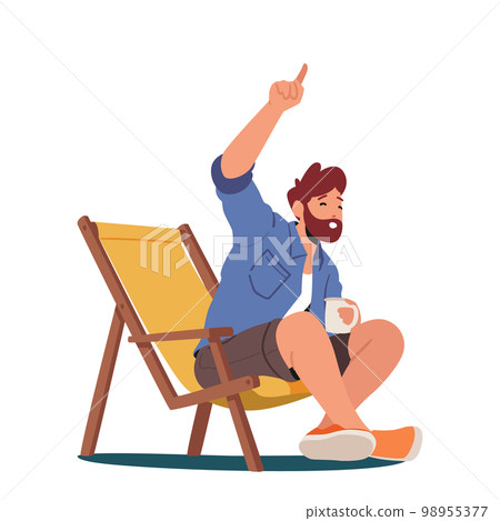 Male Character Sitting In Chair With Mug Enjoying Tea On Camping Daybed. Relaxation And Unwinding In Hiking Camp Male Character Sitting In Chair With Mug Enjoying Tea On Camping Daybed. Relaxation And Unwinding In Hiking Camp 98955377