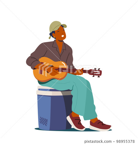 Man Sitting Singing Songs And Playing Guitar Isolated On White Background. Tourist Male Character Sparetime In Camp Man Sitting Singing Songs And Playing Guitar Isolated On White Background. Tourist Male Character Sparetime In Camp 98955378