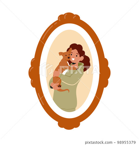 Photo In Oval Frame With Smiling Girl Hold Pet Isolated On White Background. Animal Lover Female Character And Dog Photo In Oval Frame With Smiling Girl Hold Pet Isolated On White Background. Animal Lover Female Character And Dog 98955379