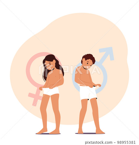 Little Boy And Girl Learn Their Sexuality. Children Characters Look Inside The Panties Watching On Their Genitals 98955381