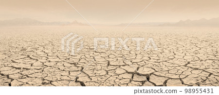 Desertification concept landscape. Dried lakebed panorama with sky filled with clouds of dust 98955431