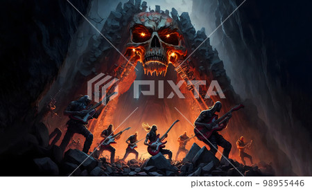 hellish heavy metal rock musicians band with electric guitars in rock world, neural network generated art 98955446