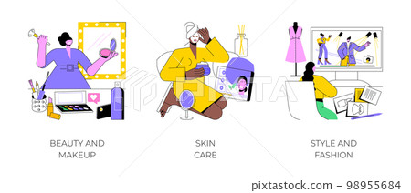 Beauty workshops isolated cartoon vector illustrations set. Beauty and makeup online courses, skin care tutorials, style and fashion distance education, homemade cosmetics vector cartoon. 98955684