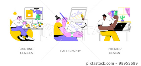 Creativity development isolated cartoon vector illustrations set. Painting classes, calligraphy and lettering, interior design online lessons, hand made masterclass, creative hobby vector cartoon. Creativity development isolated cartoon vector illustrations set. Painting classes, calligraphy and lettering, interior design online lessons, hand made masterclass, creative hobby vector cartoon. 98955689