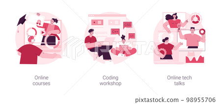 IT digital education abstract concept vector illustration set. Online courses, coding workshop, online tech talks, programming course, app and games development class, informatics abstract metaphor. 98955706