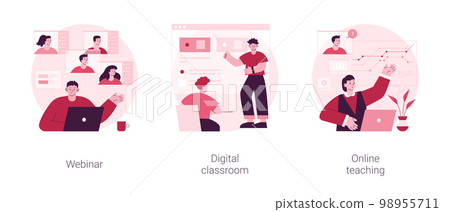 Online education abstract concept vector illustration set. Webinar, digital classroom, online teaching, smart flipped classroom, video course, peer level meetings, elearning abstract metaphor. 98955711
