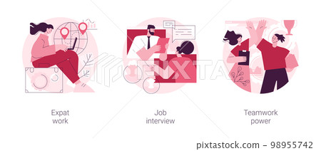 Hiring employees abstract concept vector illustration set. Expat work, job interview, teamwork power, migrant workers, choosing a candidate, prepare for interview, recruiter abstract metaphor. Hiring employees abstract concept vector illustration set. Expat work, job interview, teamwork power, migrant workers, choosing a candidate, prepare for interview, recruiter abstract metaphor. 98955742