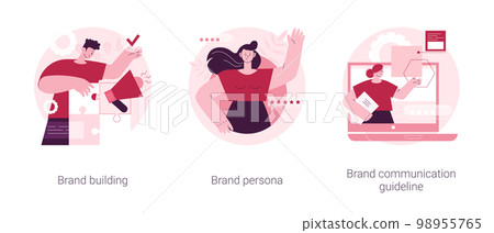 Business branding abstract concept vector illustration set. Brand building, brand persona and communication guideline, communication strategy, target marketing, visual identity abstract metaphor. 98955765