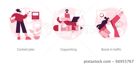 Smm software abstract concept vector illustration set. Content plan, copywriting, boost in traffic, social media planner, digital marketing strategy, content generation, seo abstract metaphor. Smm software abstract concept vector illustration set. Content plan, copywriting, boost in traffic, social media planner, digital marketing strategy, content generation, seo abstract metaphor. 98955767