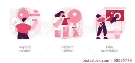 Professional SEO service abstract concept vector illustration set. Keyword research service and page ranking, copy optimization, successful web campaign, search engine, website abstract metaphor. 98955779