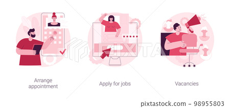 HR service abstract concept vector illustration set. Arrange appointment, apply for jobs, vacancies list, start career, company webpage, apply online, find job opportunity abstract metaphor. 98955803