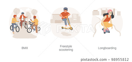 Extreme hobbies isolated cartoon vector illustration set. Teenage boy on bmx bike, freestyle scootering, riding kick scooter in skate park, girl riding longboard, urban longboarding vector cartoon. Extreme hobbies isolated cartoon vector illustration set. Teenage boy on bmx bike, freestyle scootering, riding kick scooter in skate park, girl riding longboard, urban longboarding vector cartoon. 98955812