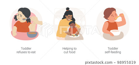 Feeding a toddler isolated cartoon vector illustration set. Toddler refuses to eat, naughty crying kid at table, mom helping to cut food, self-feeding, child independent eating vector cartoon. 98955819