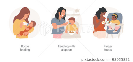 Baby meal isolated cartoon vector illustration set. Mom feeding the baby from the bottle, giving food from a spoon, child eating with fingers, trying new taste, childhood nutrition vector cartoon. Baby meal isolated cartoon vector illustration set. Mom feeding the baby from the bottle, giving food from a spoon, child eating with fingers, trying new taste, childhood nutrition vector cartoon. 98955821