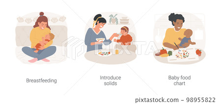 Feeding a baby isolated cartoon vector illustration set. Mother breastfeeding newborn, introduce solid, mom making baby food chart, balanced nutrition, kid diet, happy motherhood vector cartoon. Feeding a baby isolated cartoon vector illustration set. Mother breastfeeding newborn, introduce solid, mom making baby food chart, balanced nutrition, kid diet, happy motherhood vector cartoon. 98955822